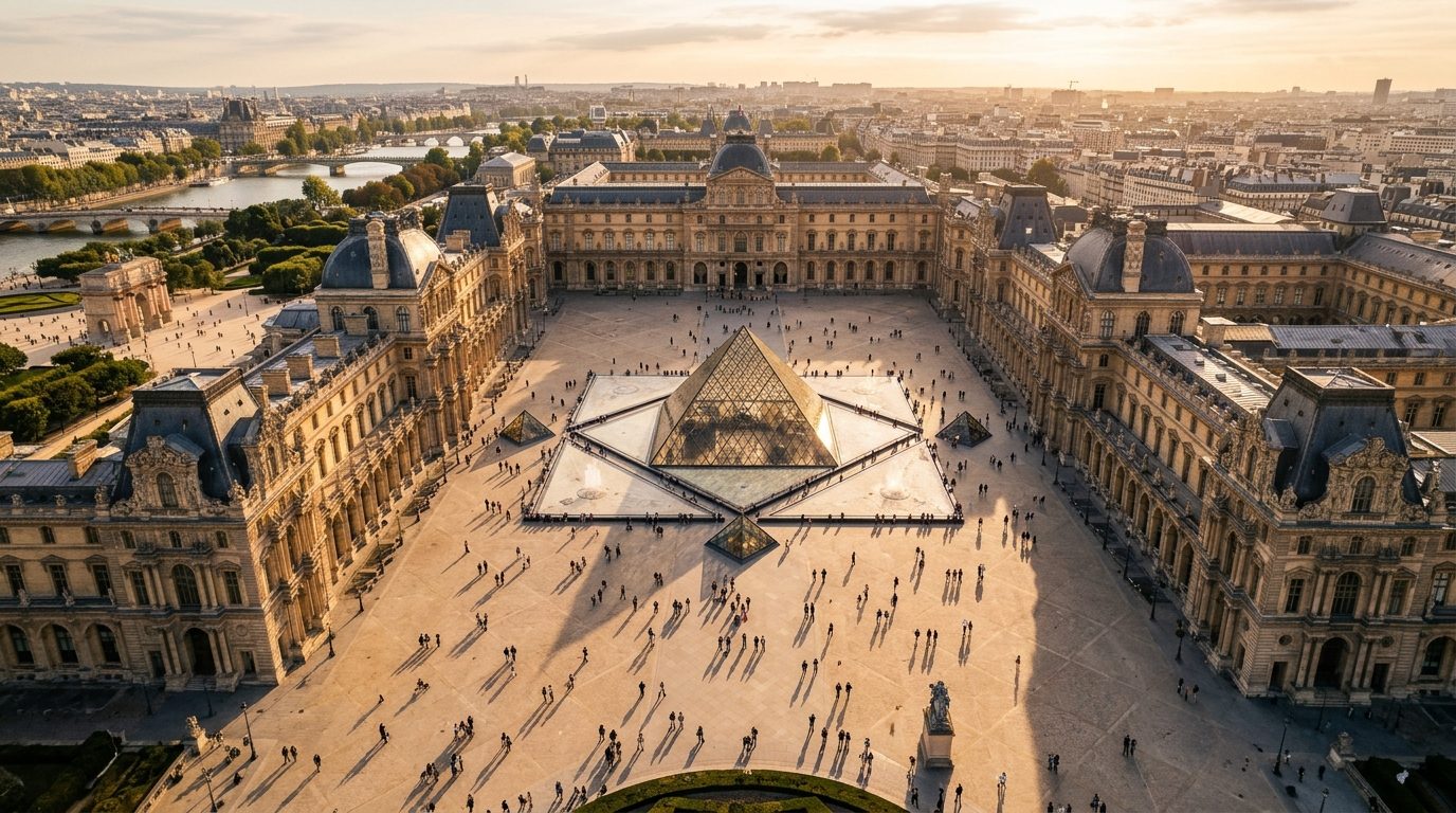 Aerial view of the Louvre courtyard and glass pyramid