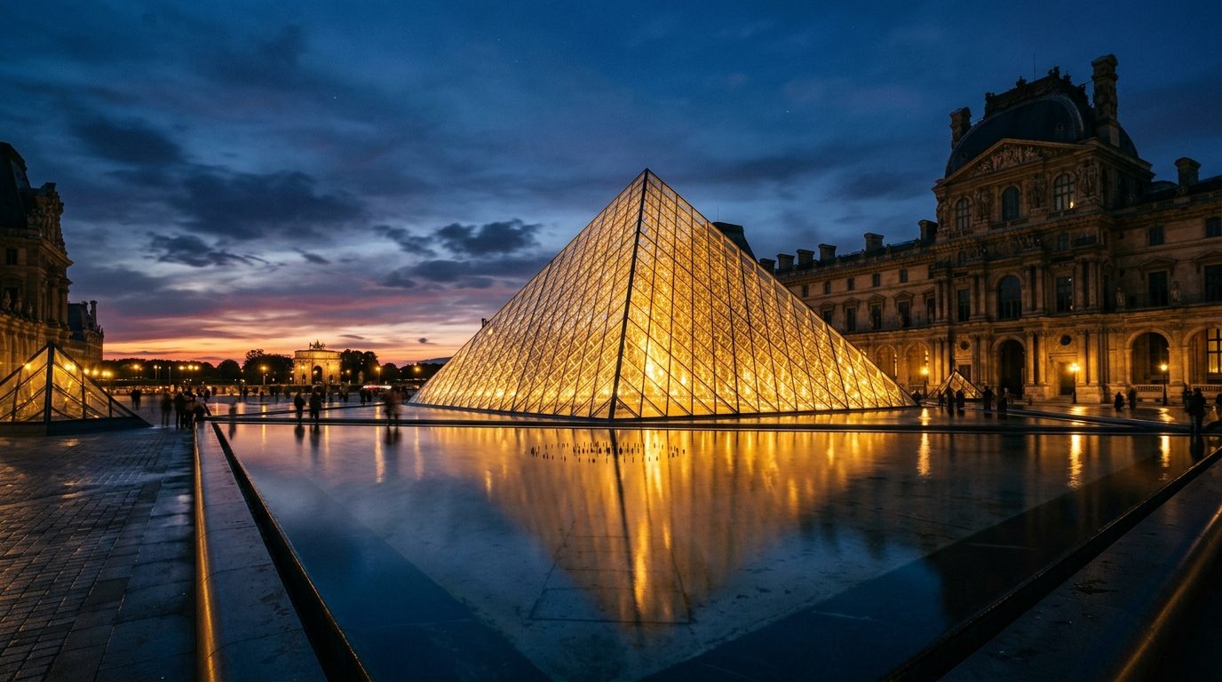 The Louvre pyramid at dusk